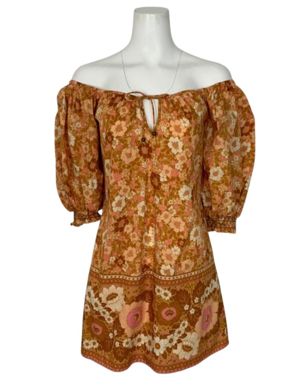 Spell and The Gypsy Anne Tunic Dress M Tan Floral Mini Off The Shoulder - Picture 8 of 16
